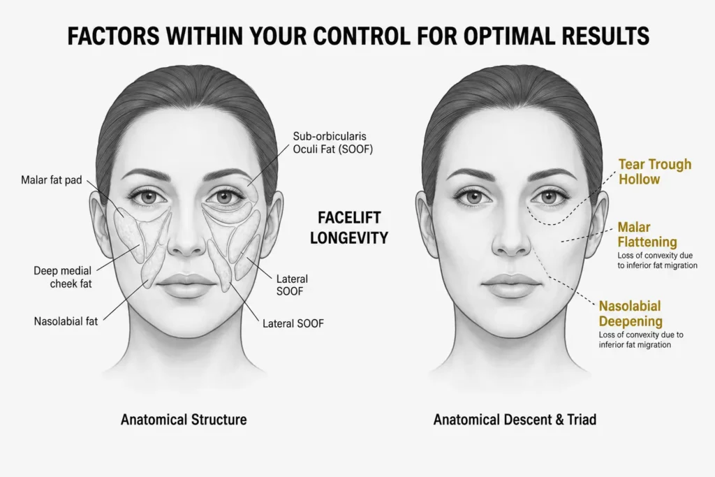 Anatomical illustration of mid-face aging, highlighting the downward and inward descent of the malar fat pad away from the orbital rim.
