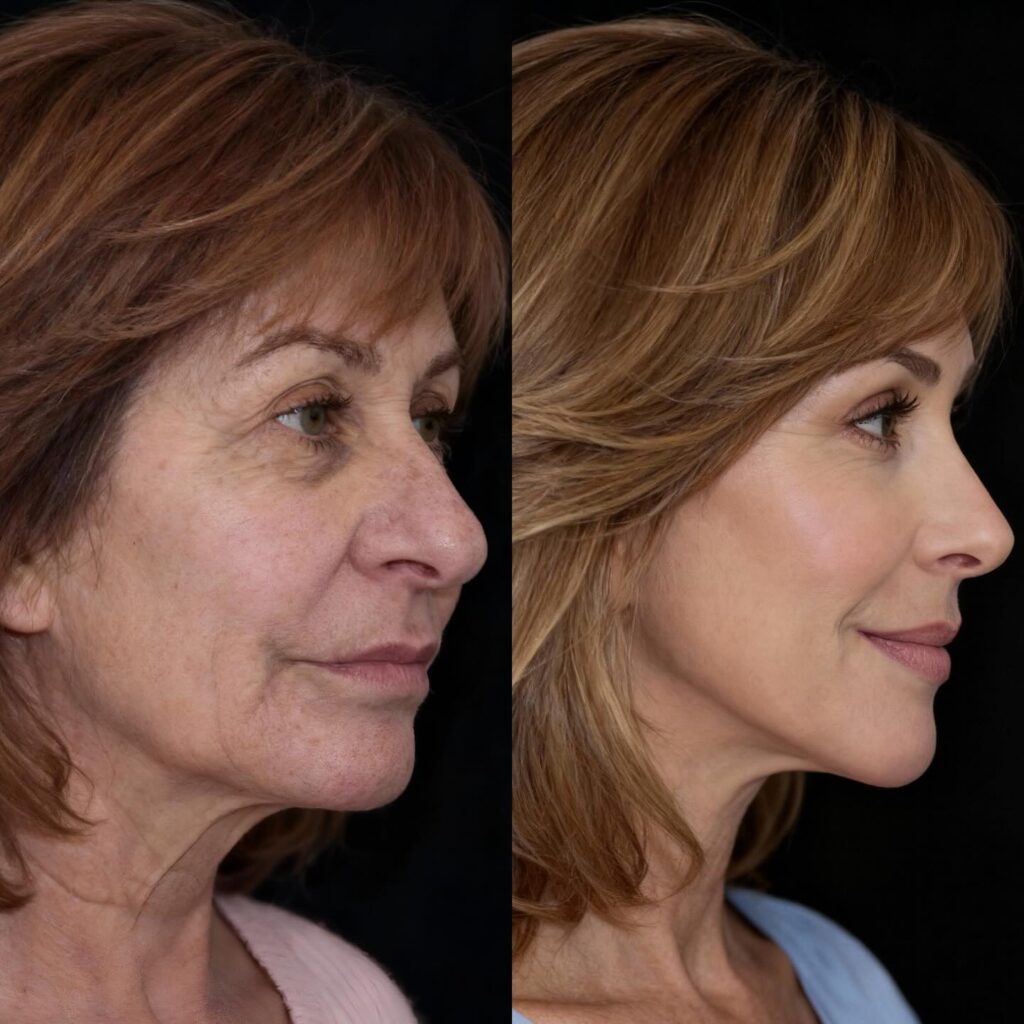 Before and after facelift result showing natural facial rejuvenation with improved jawline contour and reduced neck sagging.