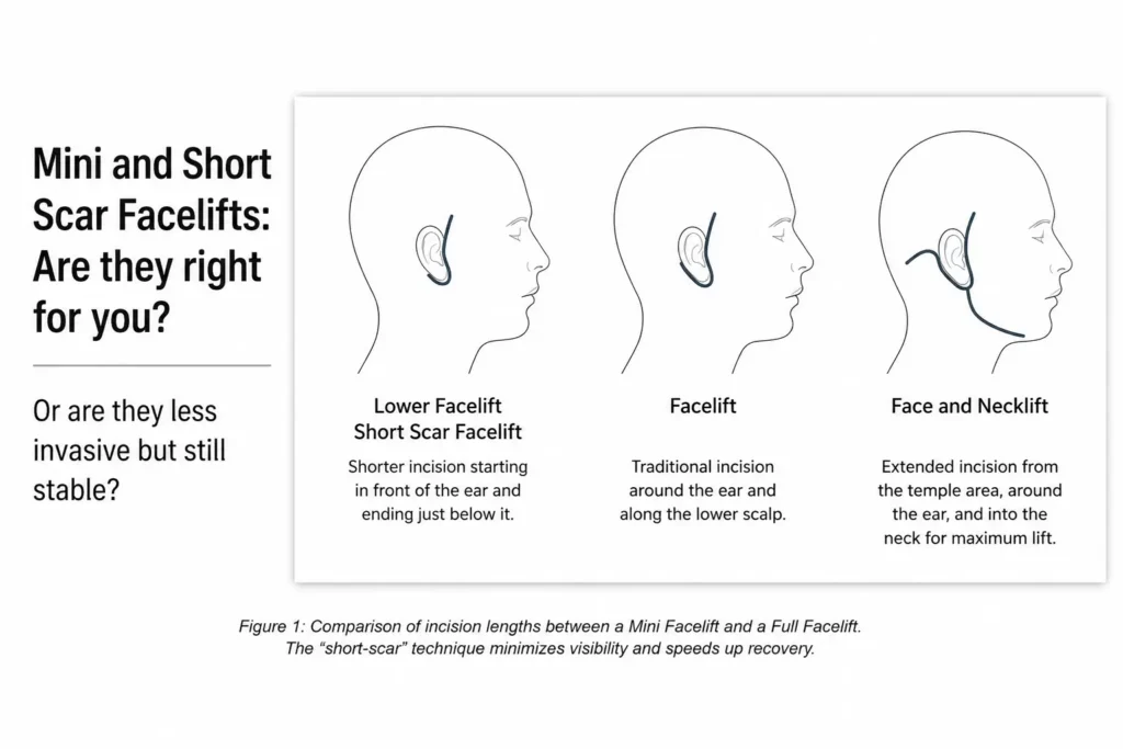 Comparison of incision lengths between a Mini Facelift and a Full Facelift. The "short-scar" technique minimizes visibility and speeds up recovery.