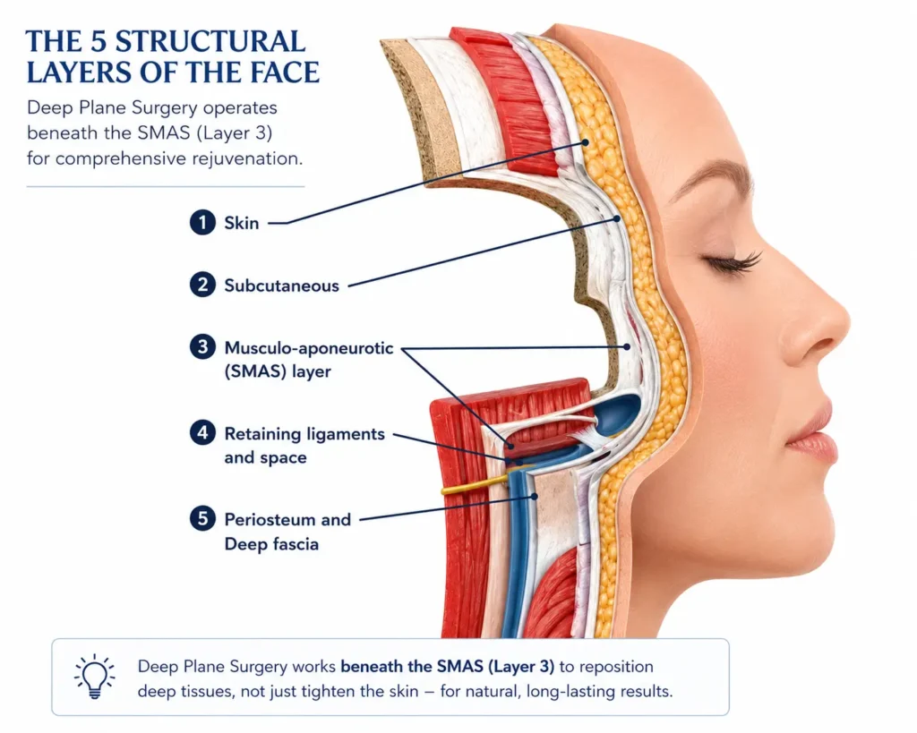The five structural layers of the face. Deep Plane surgery operates beneath the SMAS (Layer 3) for comprehensive rejuvenation.
