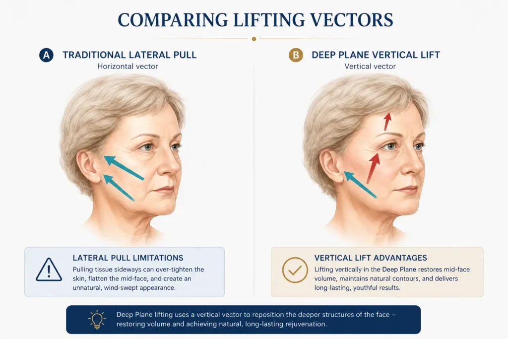 Figure 2: Comparing lifting vectors. The vertical lift of the Deep Plane (right) restores mid-face volume naturally compared to the traditional lateral pull (left). 