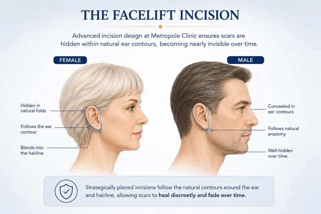 Advanced incision design at Metropole Clinic ensures scars are hidden within natural ear contours, becoming nearly invisible over time. 