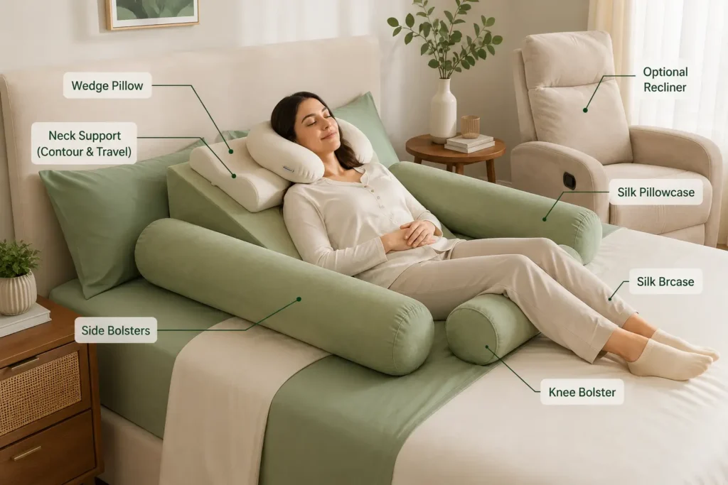 Optimal facelift recovery setup. A combination of a wedge pillow and support bolsters to maintain a stable 45-degree incline.