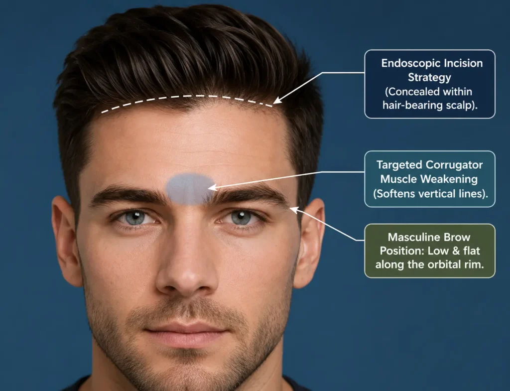 ABmedi Team Clinic’s male forehead lift planning — Preserving a low, horizontal brow position along the orbital rim to ensure natural, masculine facial expressions. 