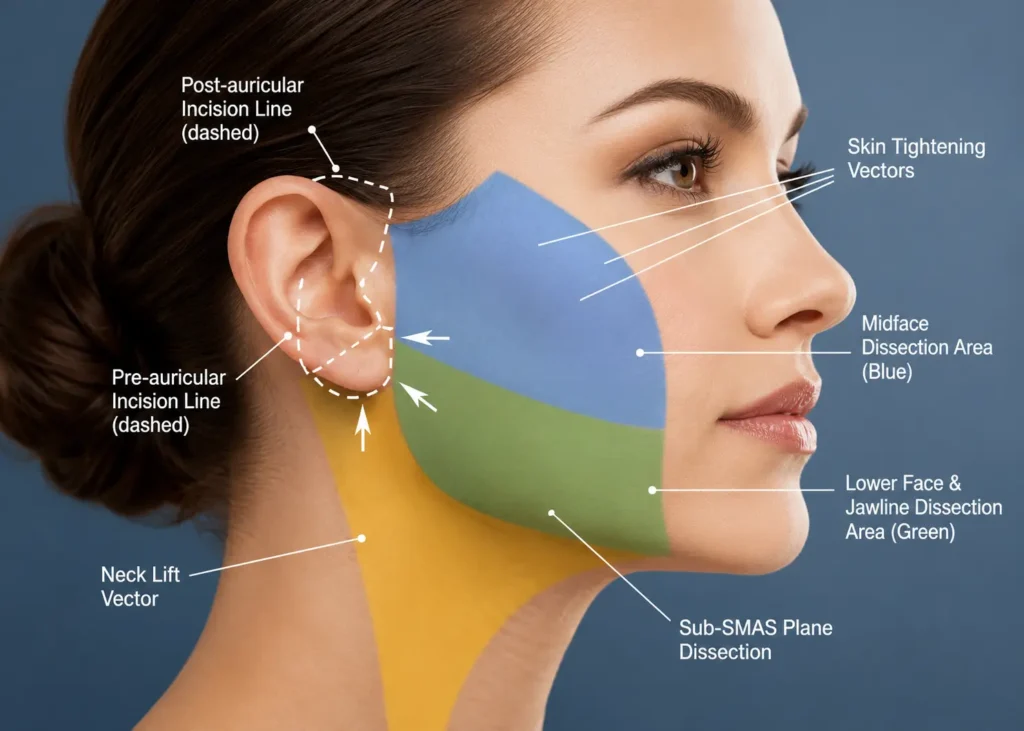 Discreet facelift incision placement hidden within natural ear contours at ABmedi Clinic. 
