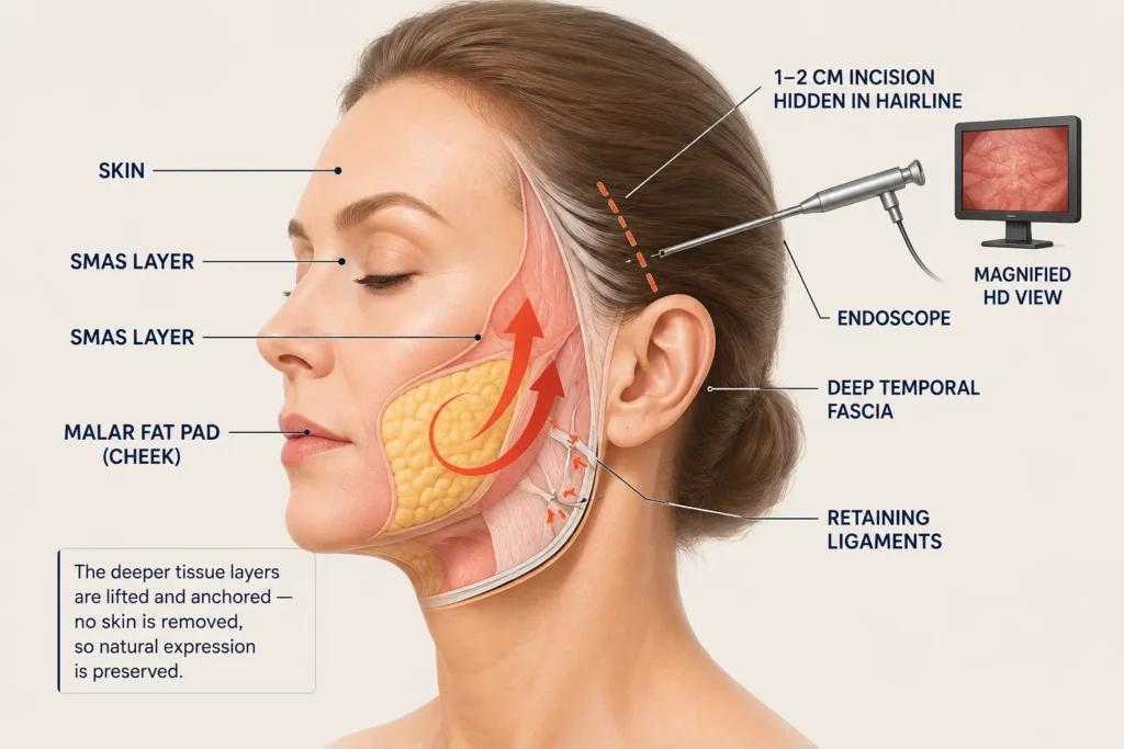 An anatomical overview of the structures and tissues targetted during an endoscopic facelift at ABmedi Clinic. 