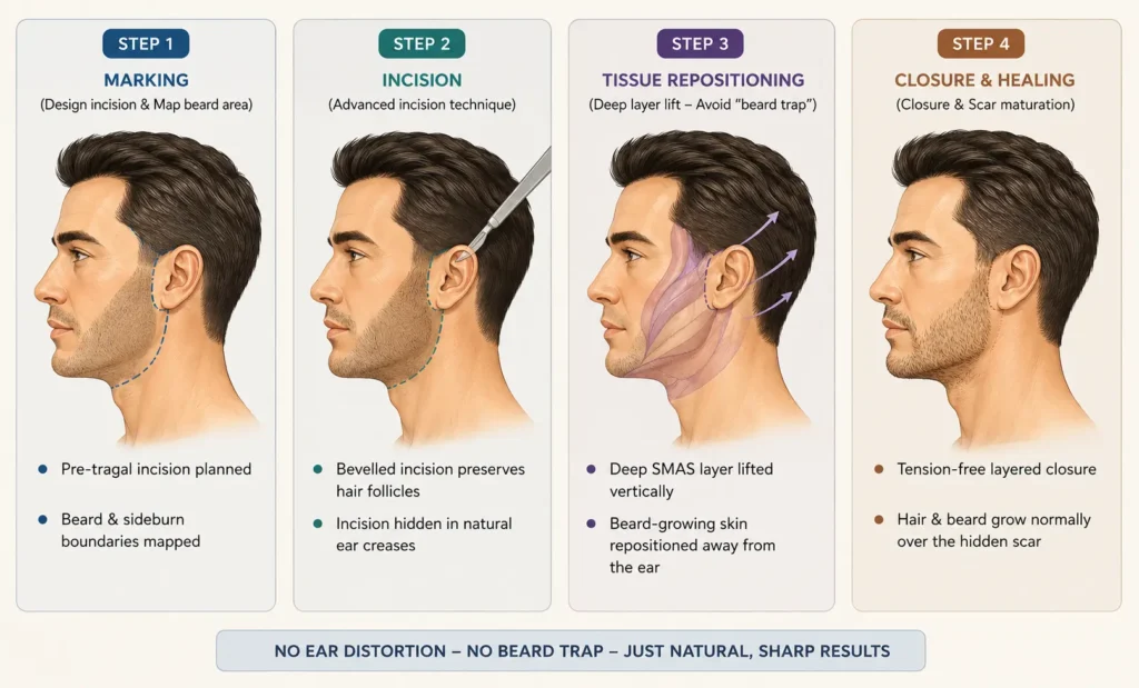 Advanced 4-Step Incision and Tissue Repositioning Technique for Male Facelift 