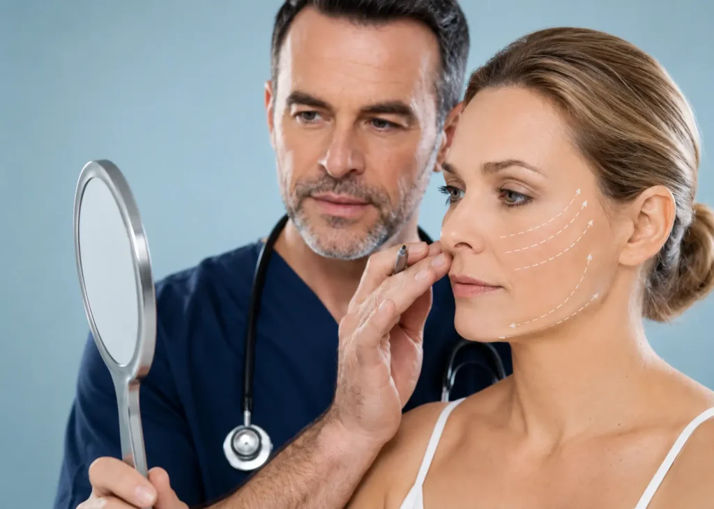 Defining the ideal lift: A ABmedi Team Clinic specialist marks facial aging vectors during a pre-operative consultation. 