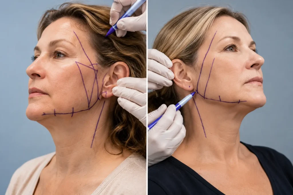 Pre-operative anatomical marking at ABmedi Team Clinic, demonstrating precise vector planning for custom facelift procedures.