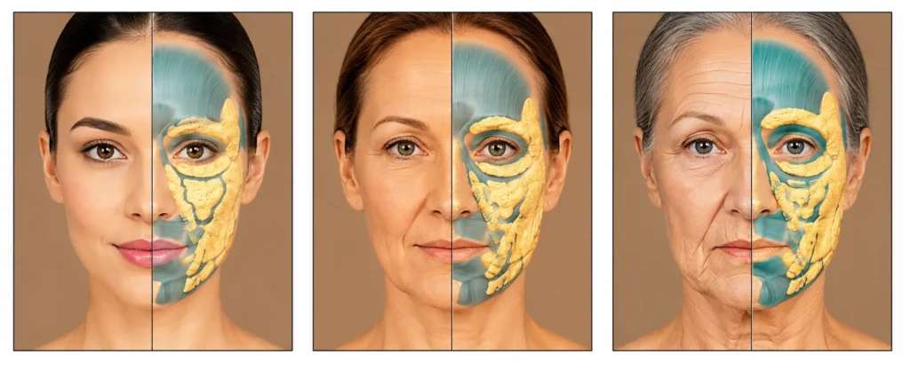 Facial aging progression from age 35 to 55: Structural fat pad loss and skin laxity indicators evaluated at ABmedi Team Clinic.