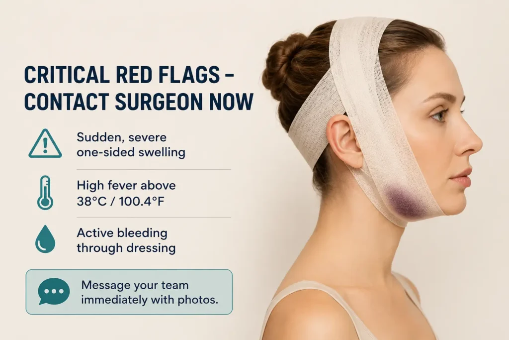 Red flags vs. normal healing: Sudden one-sided swelling or severe bruising requires immediate medical evaluation. Send clear photos to your surgical team right away. 