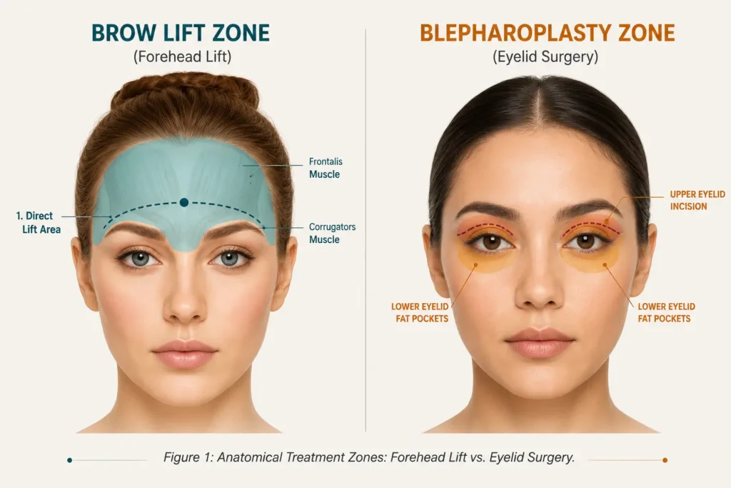  Anatomical Treatment Zones: Forehead Lift vs. Eyelid Surgery. 