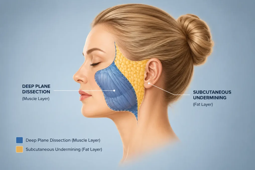 The anatomical layers of facial tissue addressed during an Extended Deep Plane Facelift.