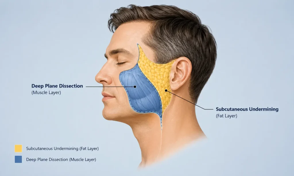 The anatomical layers of facial tissue addressed during an Extended Deep Plane Facelift.