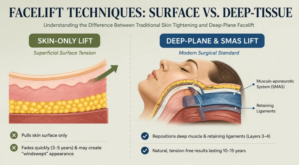 Structural comparison: Surface skin tension (Skin-Only) versus deep-tissue repositioning (SMAS & Deep-Plane). 