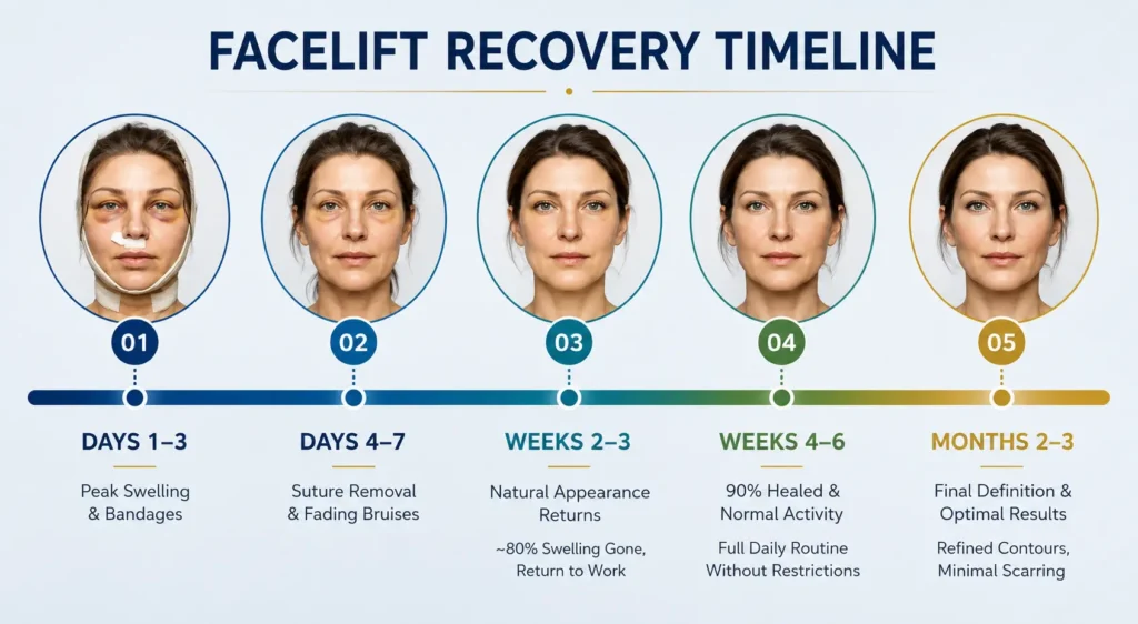 Facelift recovery milestone: Typical healing progression from initial swelling to final surgical definition.