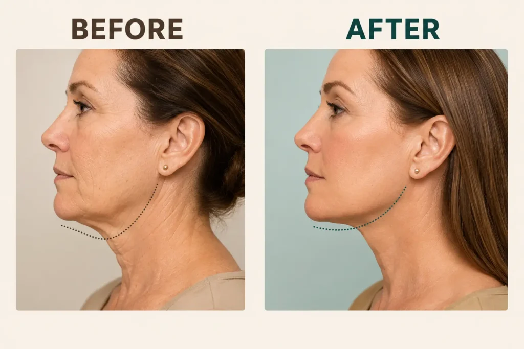 Clinical 90-degree profile comparison from ABmedi Team Clinic, demonstrating definitive jowl correction and restoration of the youth-defining cervical-mental angle.