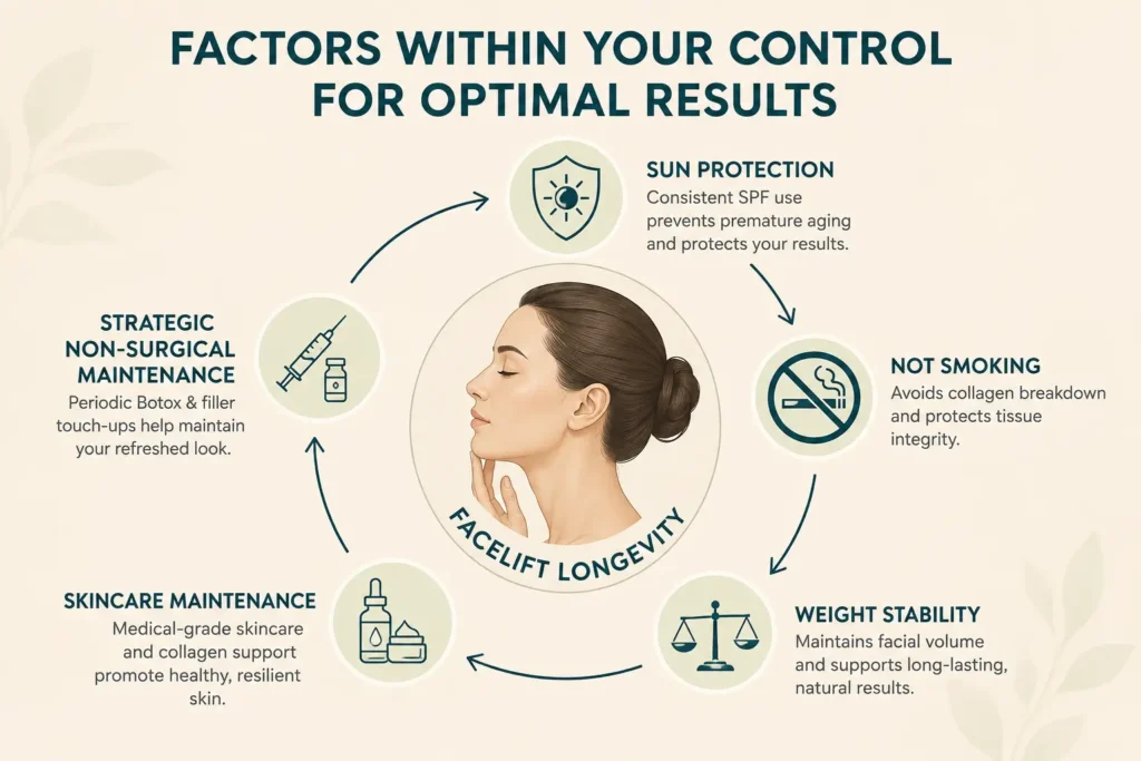 An overview of the five controllable lifestyle and maintenance factors that directly influence and extend the longevity of your facelift results.