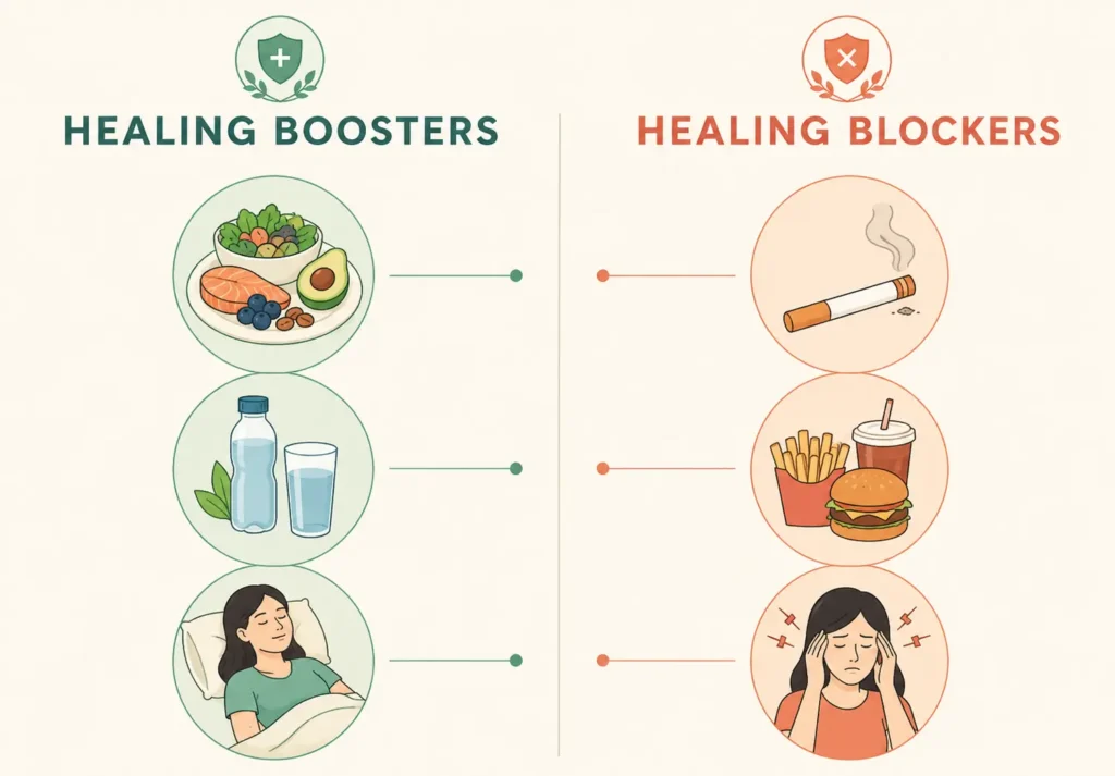 Recovery Boosters vs. Blockers: Making the right lifestyle choices-like prioritizing nutrition and avoiding nicotine-is essential for a fast and safe facelift recovery. 
