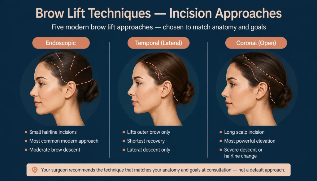 A comparative guide to modern forehead lift techniques, illustrating precise incision placements and their respective target rejuvenation zones.