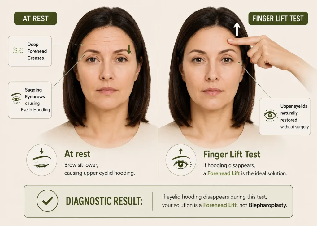 ABmedi Team Clinic’s annotated self-assessment guide — A step-by-step visual test to diagnose whether your eyelid hooding is caused by brow ptosis.